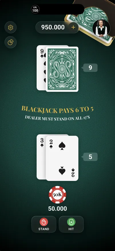 TrueCount Blackjack gameplay on a green felt table: player holds 3 and 2 of spades against a dealer 9, with a 50,000 credit bet and Stand and Hit buttons